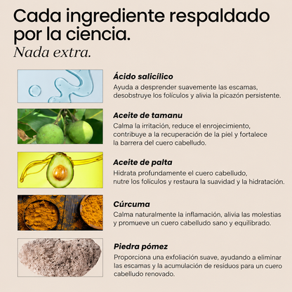 Alivio real para la caspa, la picazón y las impurezas del cuero cabelludo