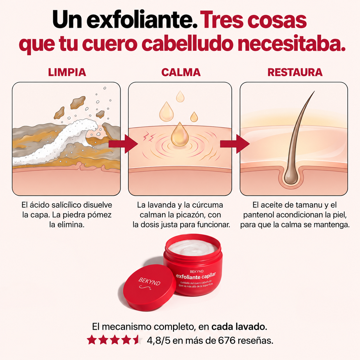 Alivio real para la caspa, la picazón y las impurezas del cuero cabelludo